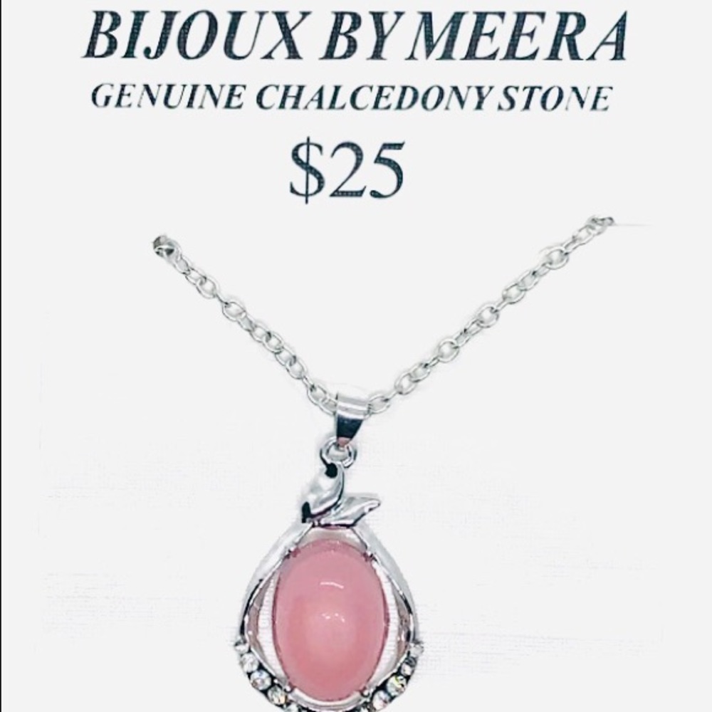 Bijoux by Meera Genuine Pink Chalcedony Stone Pendant Silver Tone Necklace
